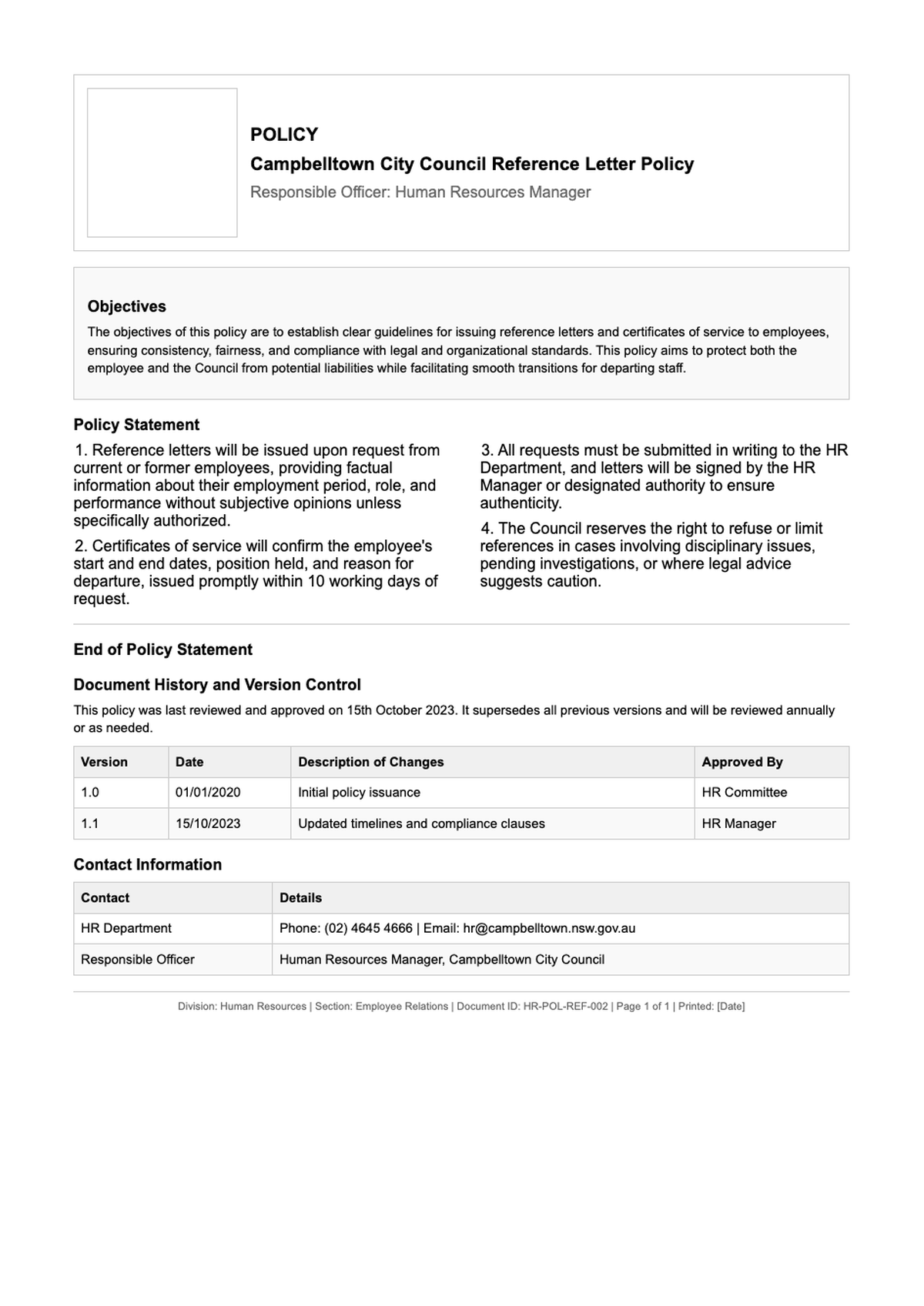 Campbelltown City Council Policy on References Letters and Certificates of Service_variant_2